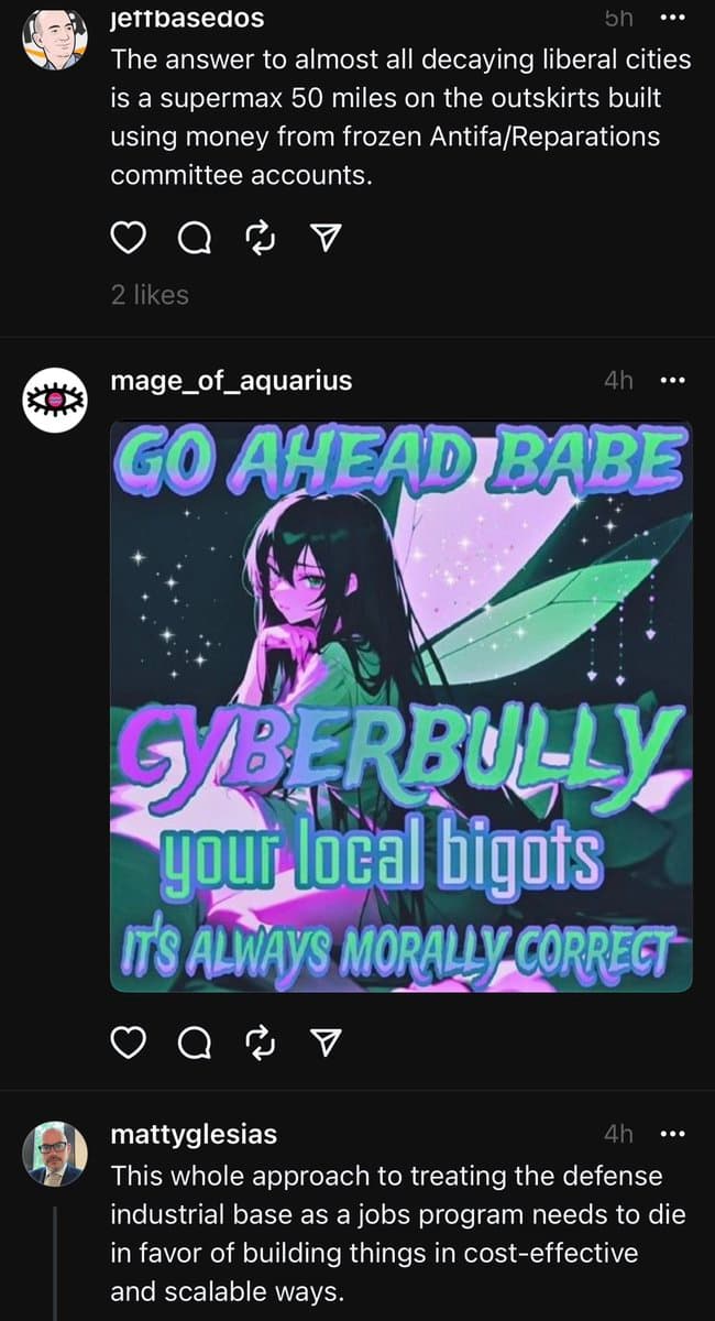 A screenshot of a Twitter conversation featuring a meme image. The central post by user 'mage_of_aquarius' displays an anime-style fairy character overlaid with text. The surrounding posts by 'jetbasedos' and 'mattyglesias' contain unrelated political commentary.
