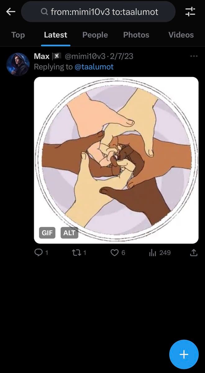 A screenshot of a Twitter search results page showing a reply from user Max (@mimi10v3) to @taalumot. The tweet features a circular illustration of multiple hands of different skin tones stacked together in a gesture of unity.