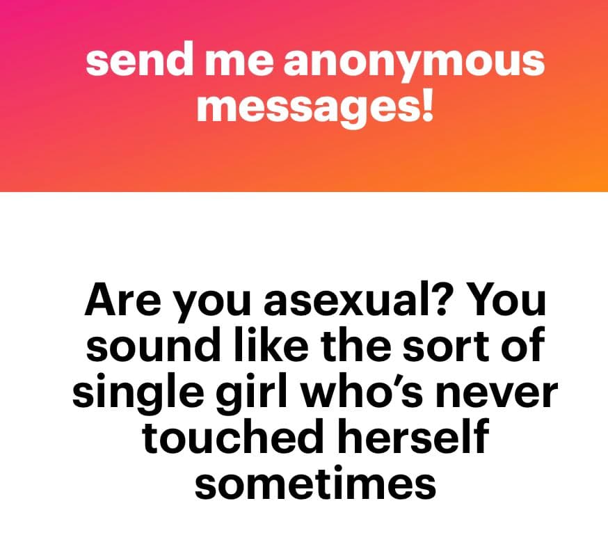 A text-based meme featuring a pink-to-orange gradient header and a white body. The image contains a prompt at the top and a response below it.