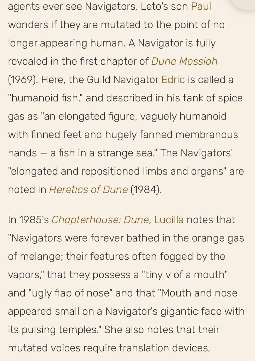 A screenshot of a text excerpt discussing the physical mutations of Navigators in the Dune novels, specifically referencing their appearance in 'Dune Messiah' and 'Chapterhouse: Dune'.