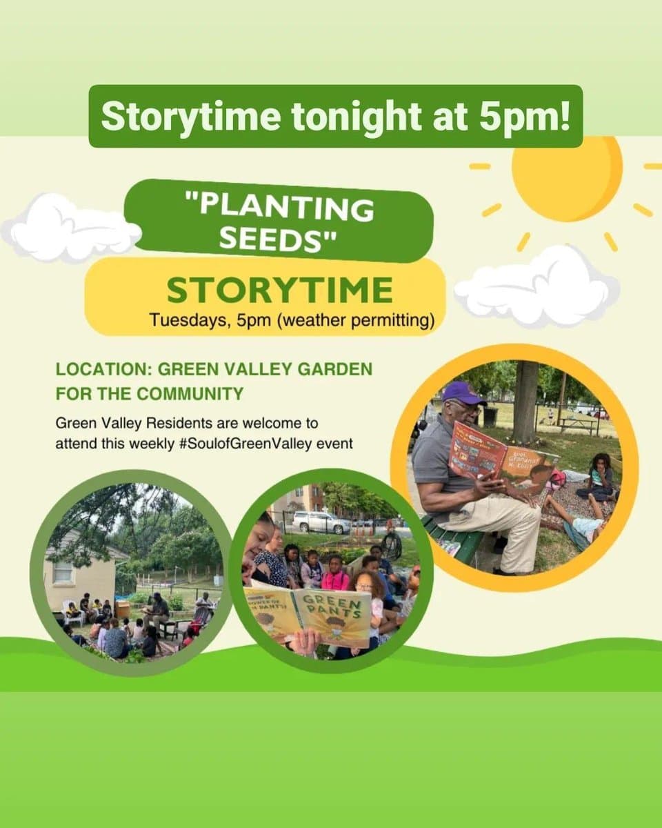 A promotional flyer for a weekly community storytime event, featuring a green and yellow design with a sun and clouds. It includes three circular photographs showing adults reading to groups of children in an outdoor garden setting.