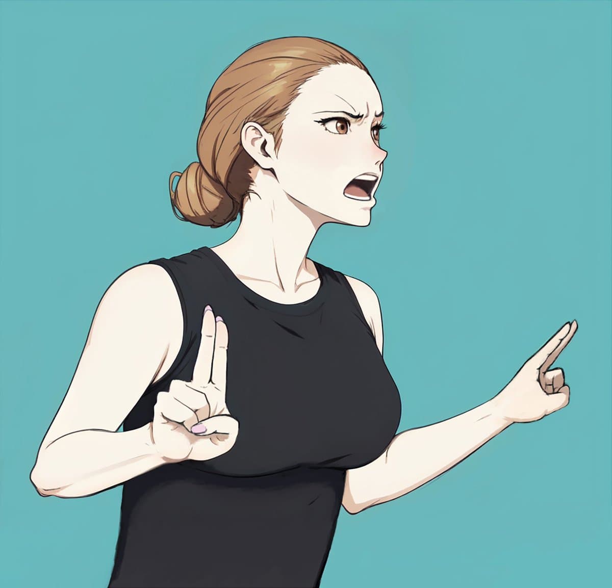 A digital illustration of a woman with brown hair in a bun, wearing a black tank top, making an angry expression and gesturing with both hands against a solid teal background. She is pointing with her right hand and holding up two fingers with her left hand.