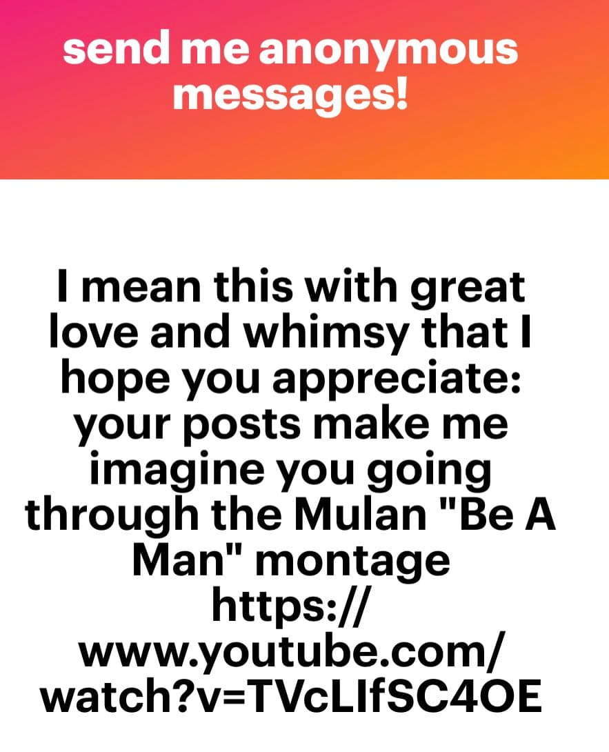 A text-based image with a pink-to-orange gradient header and a white body, displaying a message of appreciation and a YouTube link.