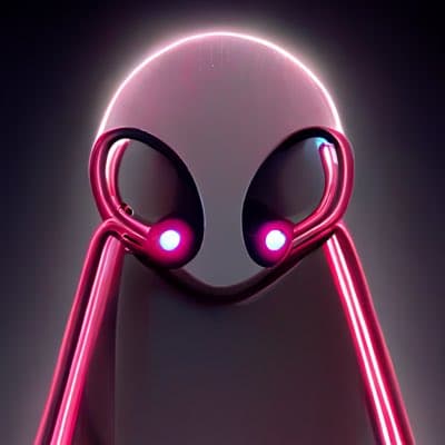 A 3D-rendered illustration of a stylized alien head with large, dark eyes and a glowing pink outline, featuring pink laser beams emitting from its eyes. The image has a dark background and a neon, futuristic aesthetic.