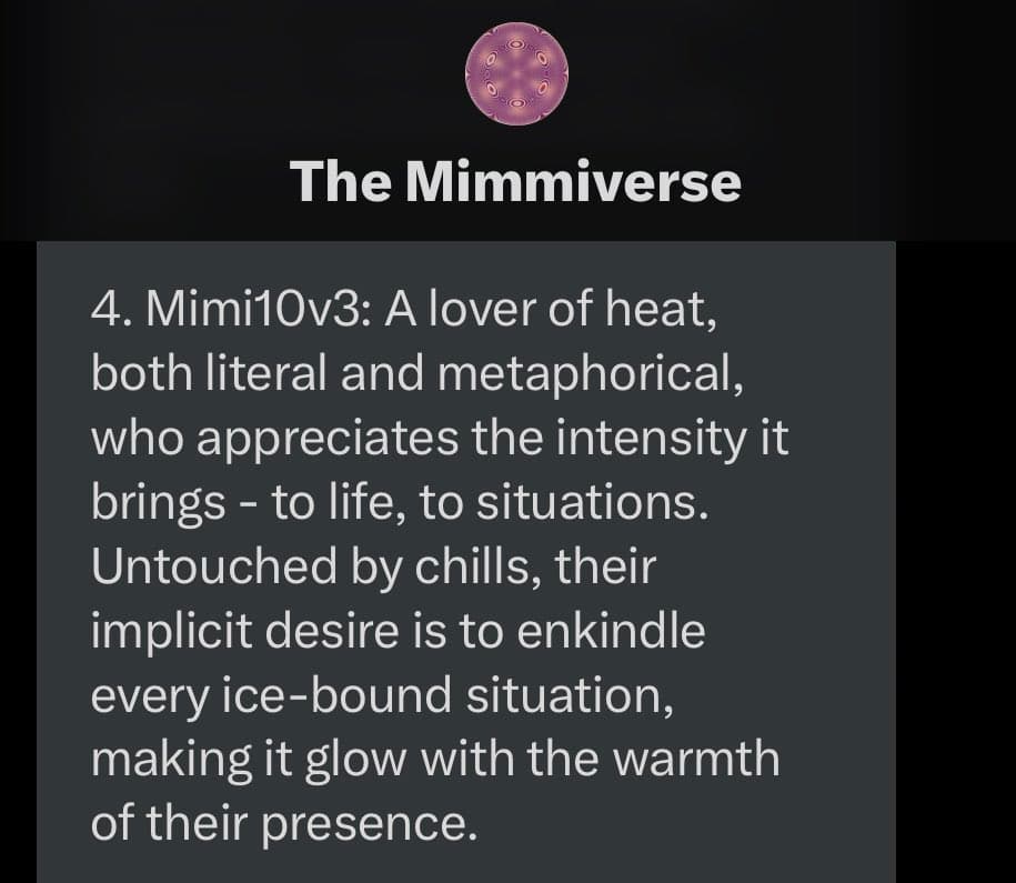 A text-based social media post titled "The Mimmiverse" featuring a numbered list entry. The image displays a purple circular logo at the top and a block of white text on a dark background describing a character named Mimi10v3.