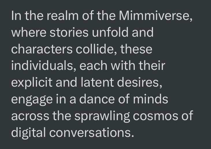A text-only image with white text on a dark gray background. The text describes a fictional realm called the 'Mimmiverse' where characters interact in digital conversations.