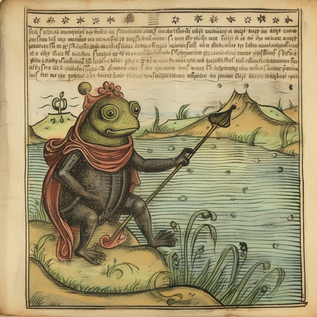 A medieval-style illuminated manuscript page featuring a large, anthropomorphic frog wearing a red hood and cape, sitting on a rock and holding a fishing rod over a body of water. The top of the page contains a block of illegible, decorative text in a medieval script style, along with a row of star-like symbols.