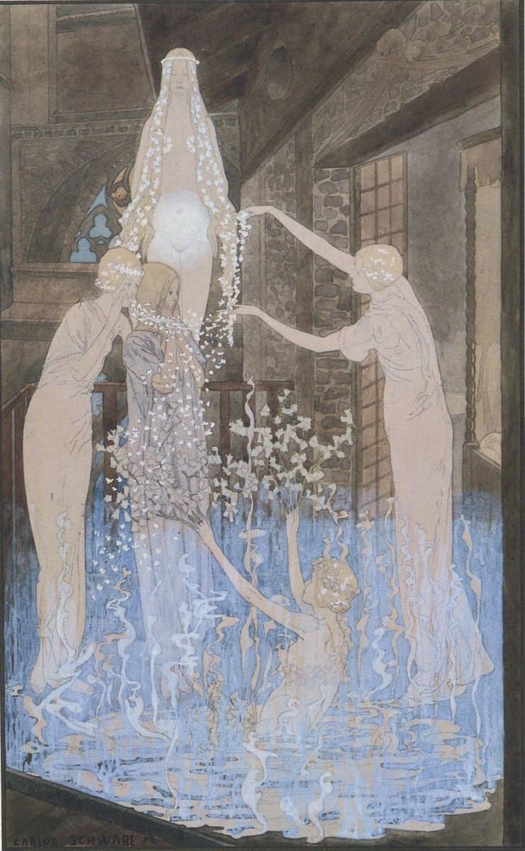A reproduction of a painting by Carl H. Schwabe depicting four figures in a stone interior, with one figure standing in a pool of water holding a flowering branch while others attend to a tall, veiled figure.