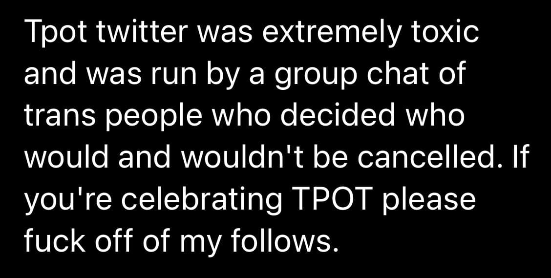 A text-based image with white text on a black background, likely a screenshot of a social media post or message.
