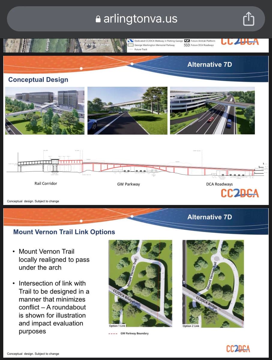A screenshot of a webpage from arlingtonva.us displaying conceptual design plans for a pedestrian bridge project, specifically 'Alternative 7D'. The image includes 3D renderings, a site plan, and text detailing design options for the Mount Vernon Trail link.