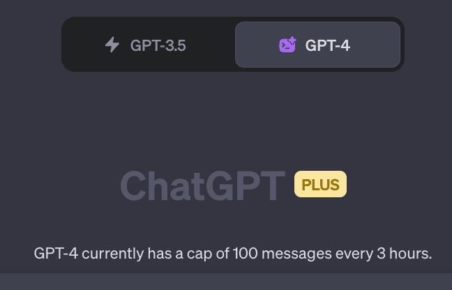 A screenshot of the ChatGPT Plus interface showing a model selector with GPT-3.5 and GPT-4 options, with GPT-4 currently selected. Below the logo, a status message indicates the usage limit.