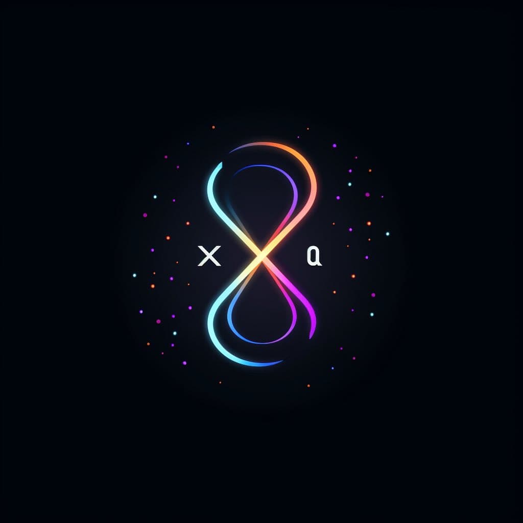 A digital graphic featuring a glowing, rainbow-colored infinity symbol centered on a black background. The letters 'X' and 'Q' are positioned on either side of the symbol's center, surrounded by scattered, colorful dots.