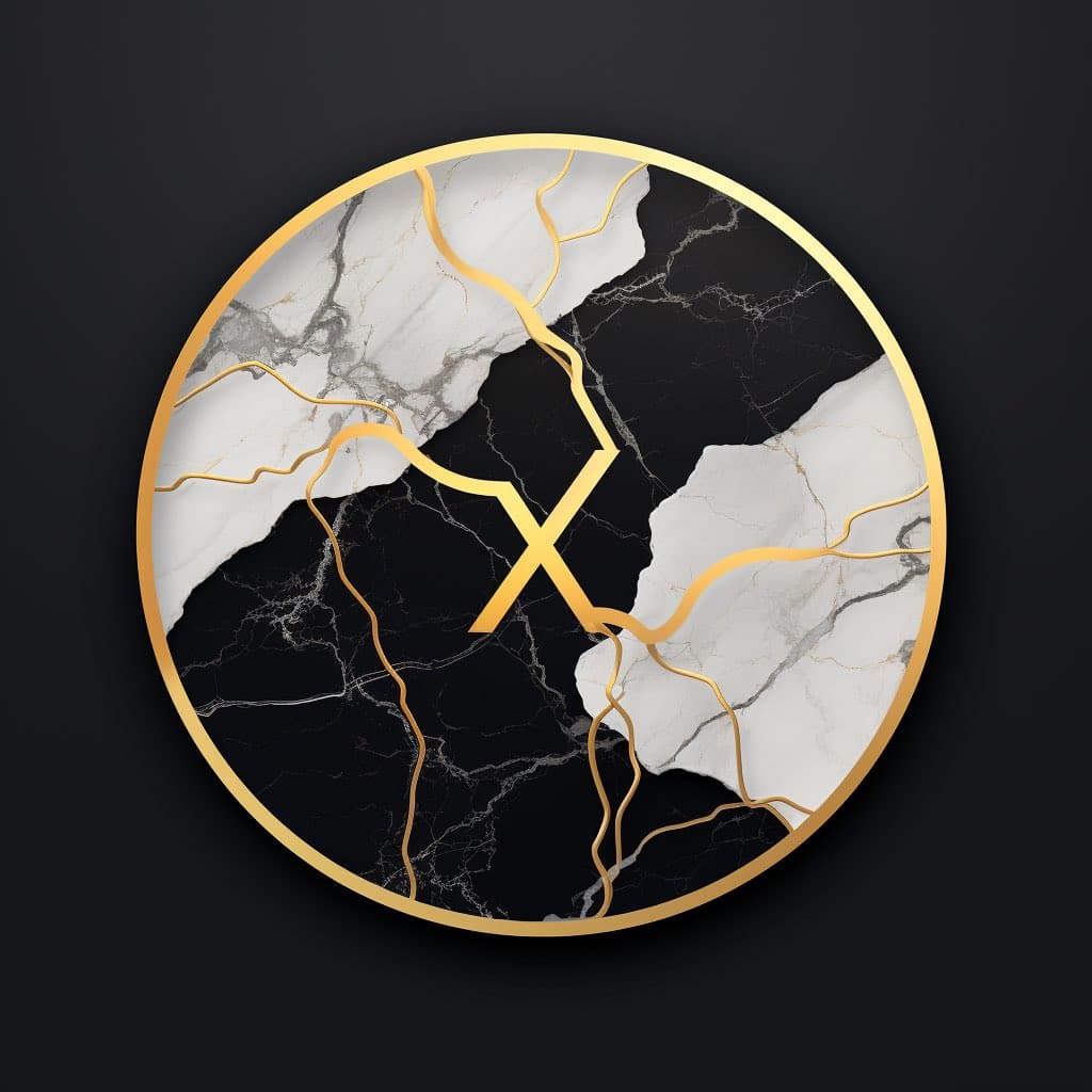 A digital graphic featuring a circular logo with a black and white marble texture and gold kintsugi-style cracks. The letter 'X' is formed by a gold crack in the center of the circle.