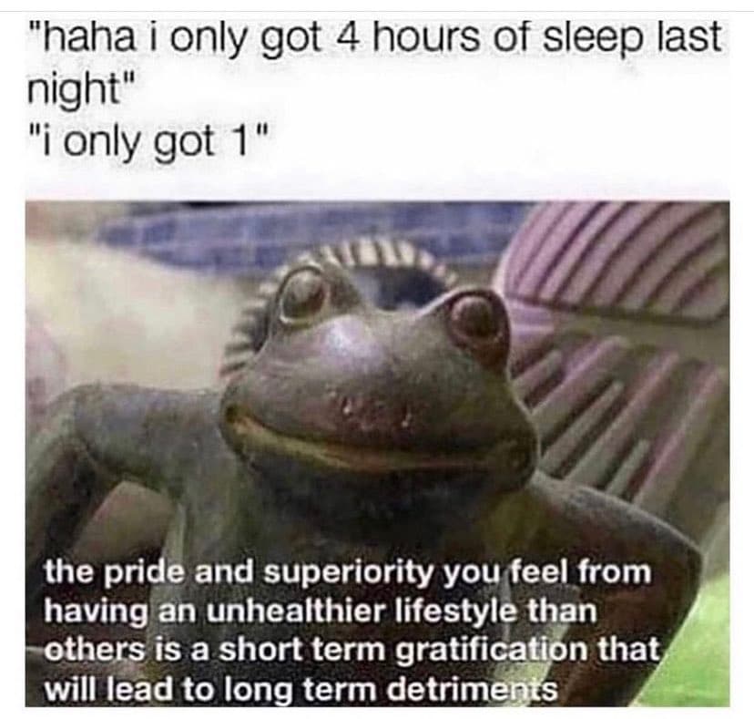 A meme featuring a photo of a frog with a smug expression, overlaid with text that humorously critiques the pride people take in having less sleep than others. The top text reads, "haha i only got 4 hours of sleep last night" and "i only got 1," while the bottom text states, "the pride and superiority you feel from having an unhealthier lifestyle than others is a short term gratification that will lead to long term detriments."