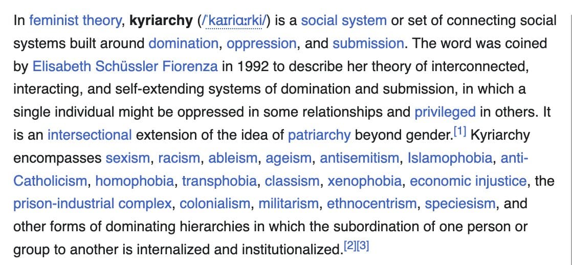 A screenshot of a text excerpt, likely from a Wikipedia article, defining the term 'kyriarchy' and listing various forms of social domination and discrimination.