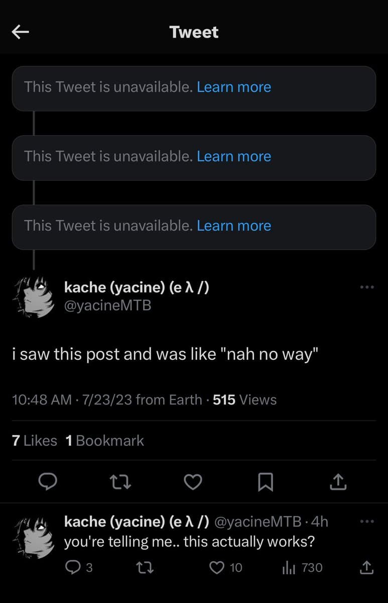 A screenshot of a Twitter thread showing a user's reply to a deleted post. The main tweet reads "i saw this post and was like 'nah no way'" and is preceded by three placeholders indicating unavailable tweets. A reply below it asks, "you're telling me.. this actually works?".
