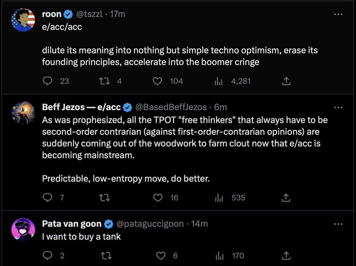 A screenshot of a Twitter thread showing three consecutive posts. The top post by user 'roon' is a reply to a previous post, followed by a reply from 'Beff Jazos — e/acc' and a final reply from 'Pata van goon'.