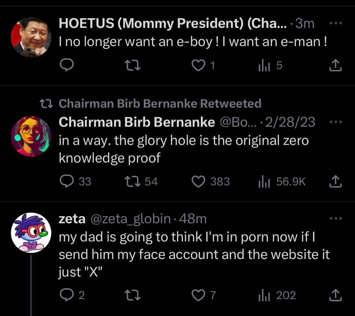 A screenshot of a Twitter conversation showing three tweets. The top tweet is from HOETUS, the middle is a retweet by Chairman Birb Bernanke, and the bottom is a reply from zeta.
