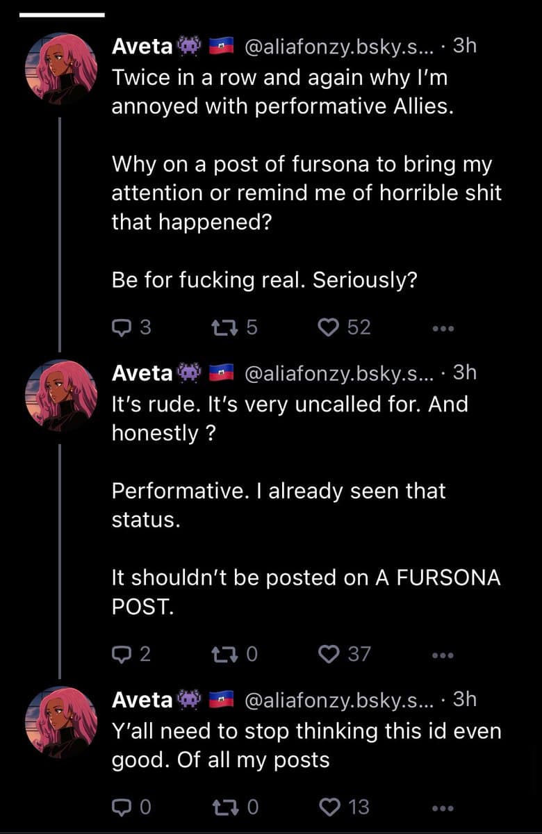 A screenshot of a social media thread from the user Aveta (@aliafonzy.bsky.s...), who is complaining about performative allies. The thread consists of three posts where the user expresses annoyance at having their attention drawn to negative topics on a post about their fursona (fur character).
