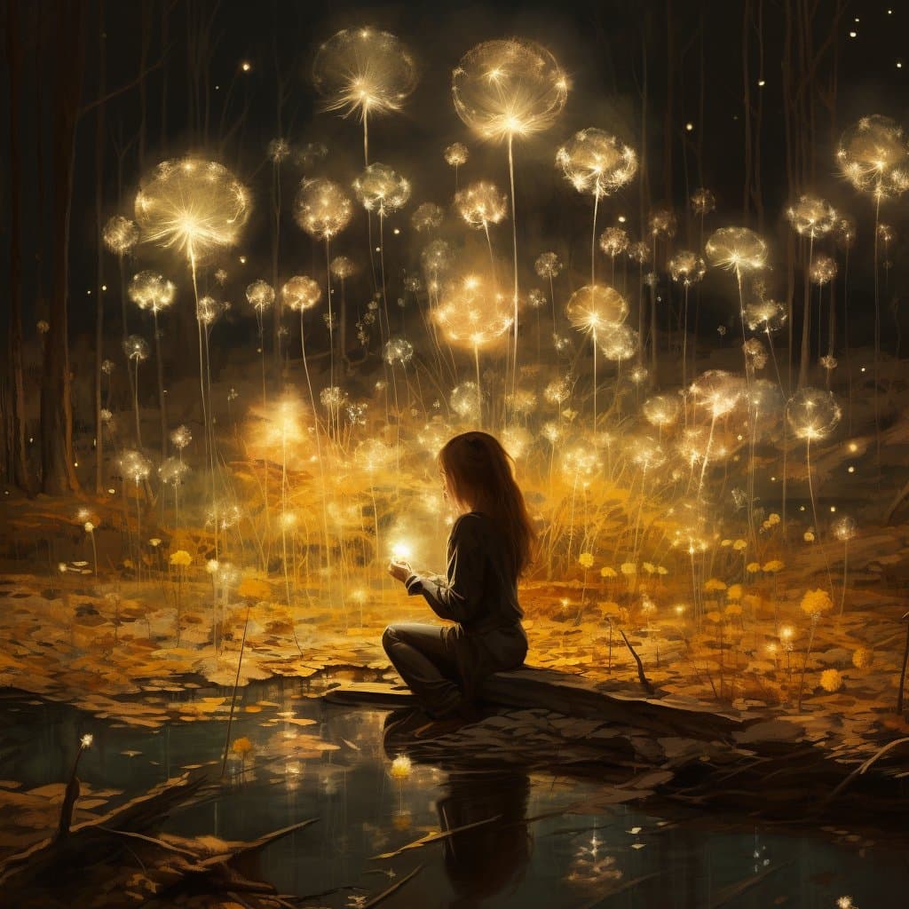 A digital illustration depicts a person sitting on a log by a body of water, holding a small light source in a dark forest filled with glowing, dandelion-like plants. The scene is illuminated by the warm, golden light of the plants and the person's lantern, creating a magical atmosphere. The image is a piece of digital art rather than a photograph or text-bearing document.