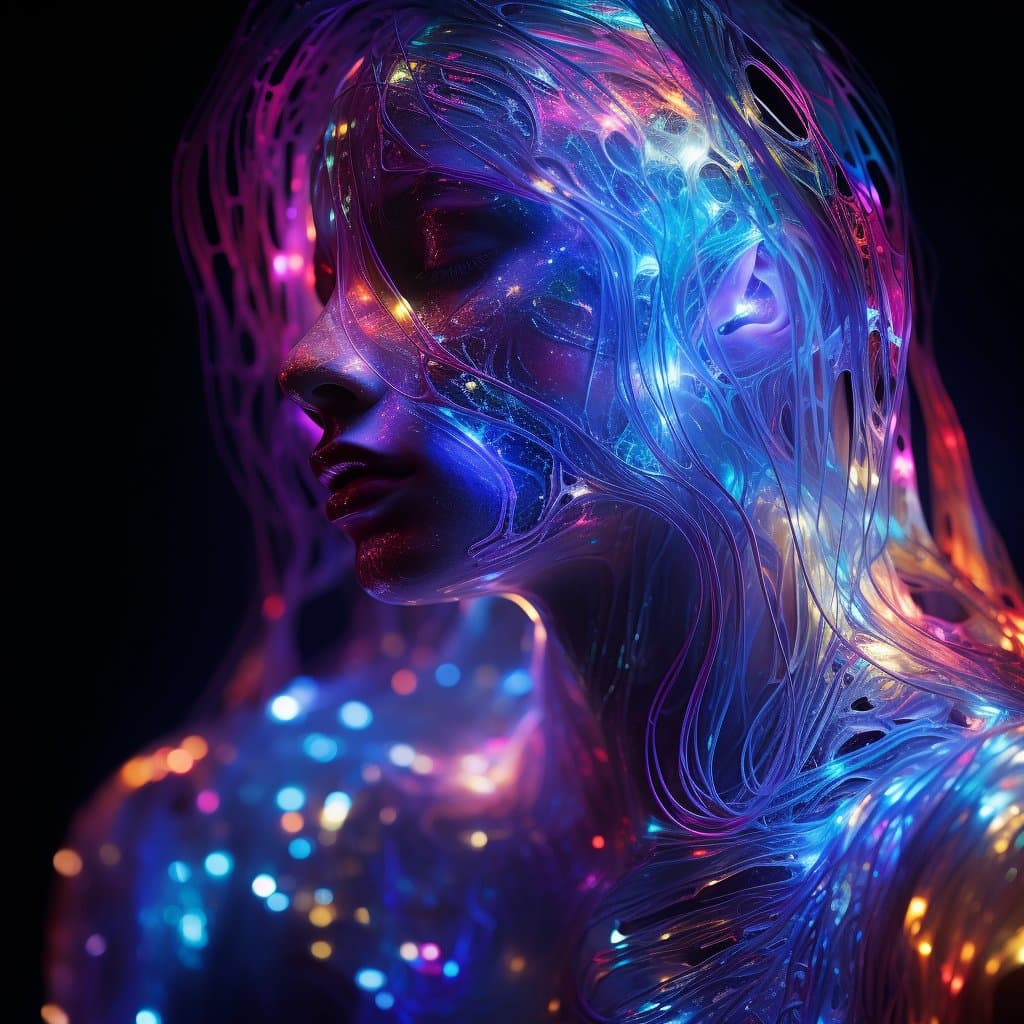 A digital art portrait of a person in profile, featuring a translucent, glass-like face and hair filled with swirling neon blue, purple, and pink light patterns. The figure's body is composed of glowing, bokeh-like particles against a dark background.