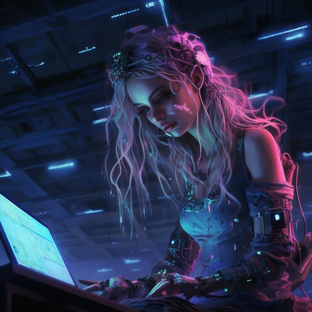 A digital illustration of a cyberpunk elf with long, wavy hair and a high-tech headpiece, sitting at a glowing computer terminal in a dark, neon-lit room. The scene is bathed in blue and pink light, highlighting her futuristic, mechanical arm and the glowing screen she is interacting with.