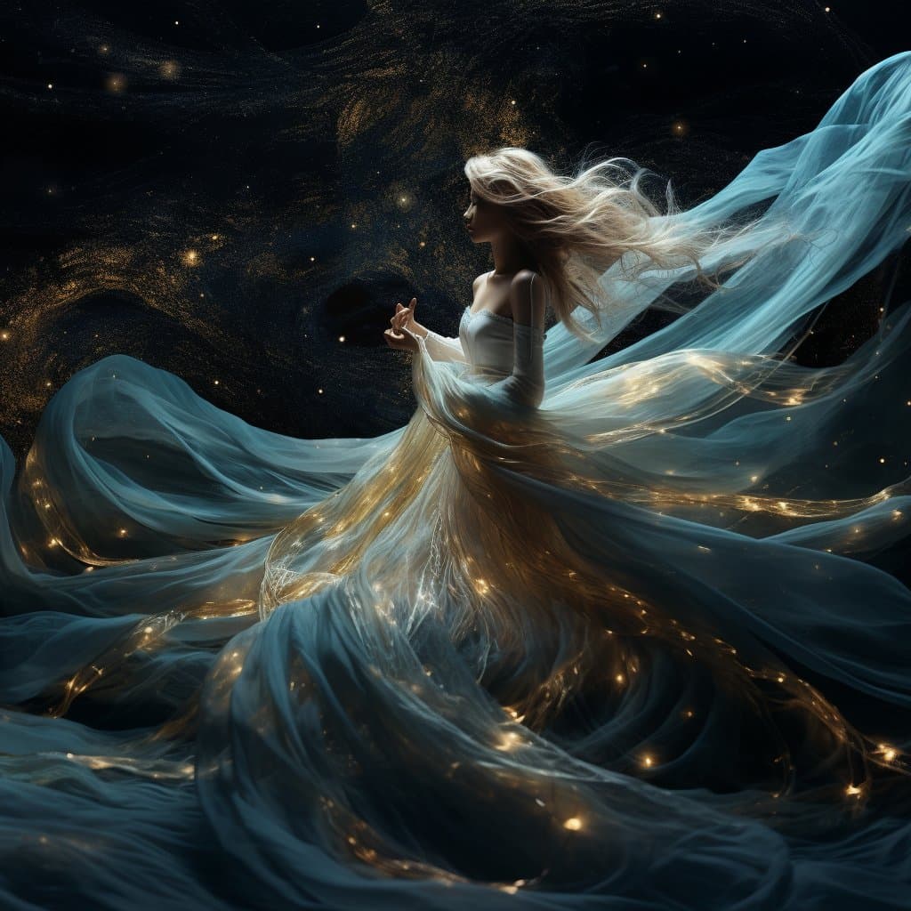 A digital illustration of a woman with long, flowing hair and a billowing, translucent blue dress, set against a dark, starry cosmic background. Her dress and hair appear to merge with the surrounding space, featuring glowing golden particles that resemble stars or embers.