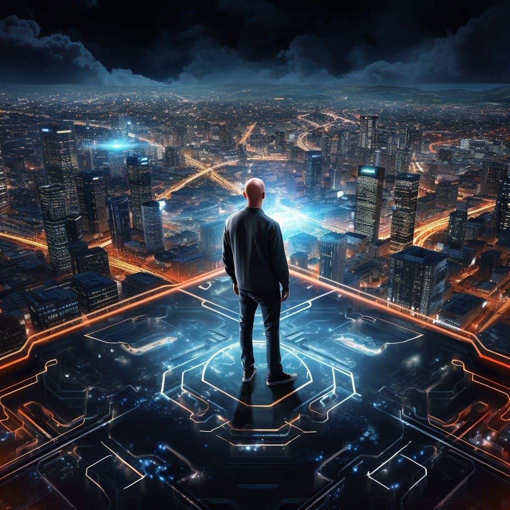 A digital illustration of a bald man in a dark jacket and jeans standing on a glowing, futuristic platform overlooking a sprawling, illuminated city at night. The scene features a dark, cloudy sky and a vast urban landscape with numerous skyscrapers and light trails.