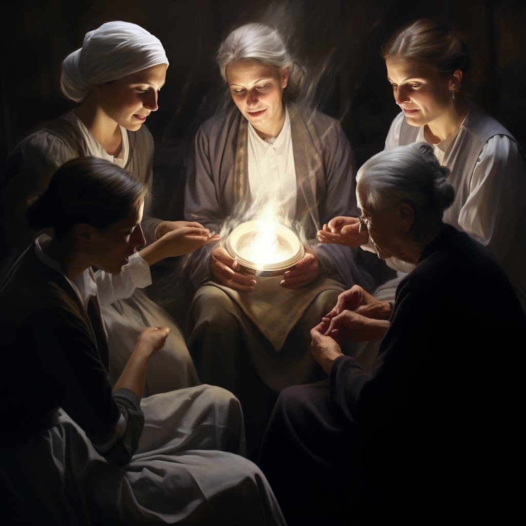 A digital painting in a classical style depicts five women gathered in a circle around a glowing, smoking bowl held by a central figure. The scene is dimly lit, with the light from the bowl illuminating the faces of the women as they lean in to observe it.