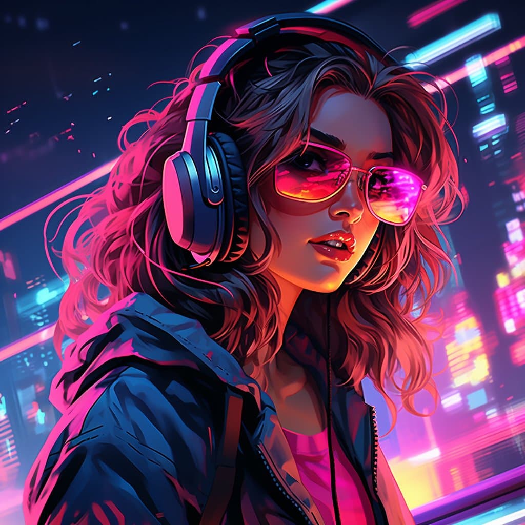A digital illustration of a woman with wavy hair wearing large headphones and reflective sunglasses, set against a neon-lit, futuristic cityscape background. The image features a vibrant cyberpunk aesthetic with strong pink, purple, and blue lighting. The woman is wearing a dark jacket over a pink top.