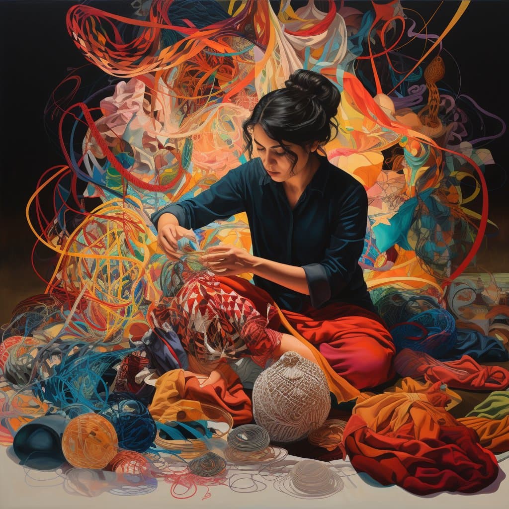 A digital illustration of a woman with dark hair in a bun, wearing a dark blue shirt and red pants, sitting cross-legged and working with colorful threads and yarn. She is surrounded by vibrant, swirling ribbons of red, orange, blue, and white, along with balls of yarn and spools on the floor.