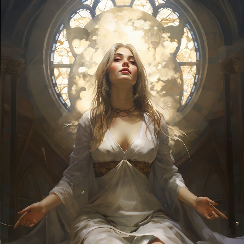 A digital painting of a woman with long blonde hair, wearing a white dress, sitting with her arms outstretched in front of a large, glowing stained-glass window. The scene is illuminated by bright, ethereal light streaming through the window, creating a halo effect around her head. The setting appears to be a grand, cathedral-like interior with stone columns and arches.