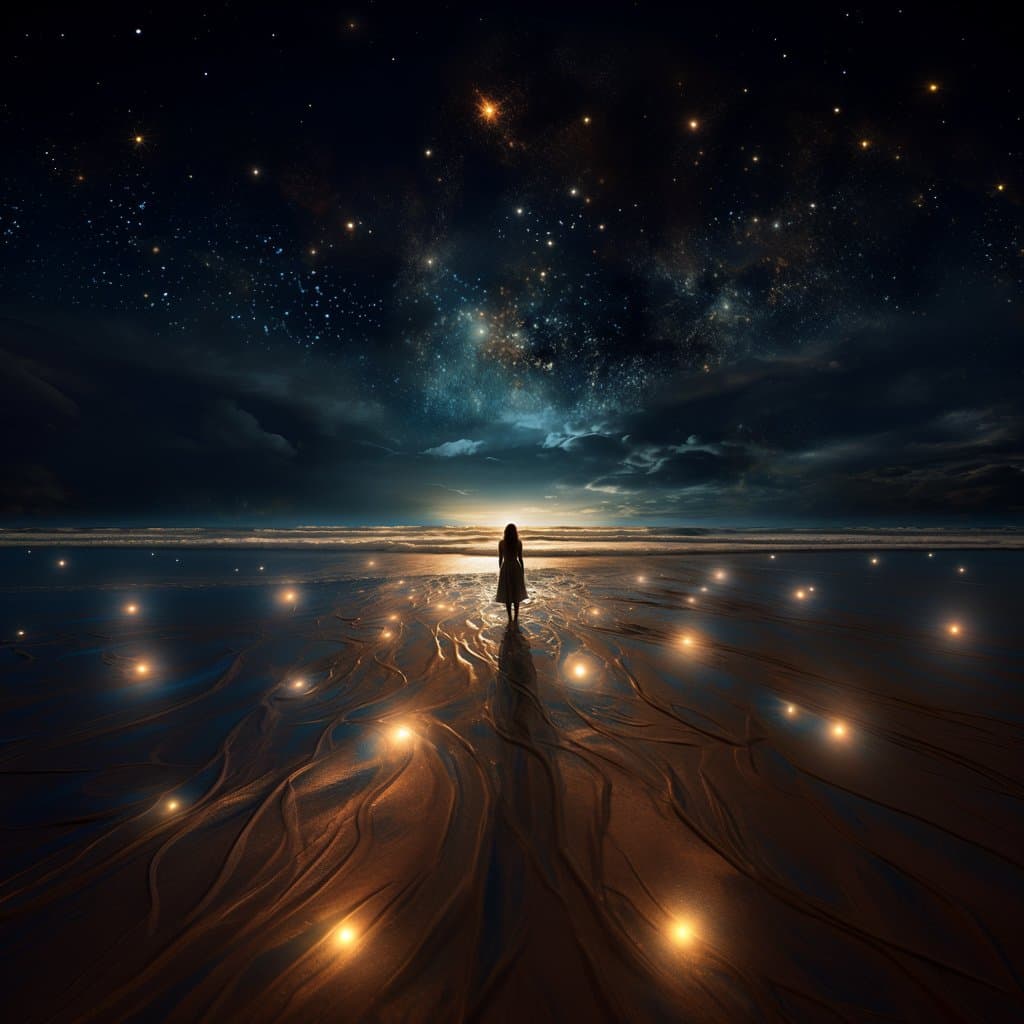 A digital artwork depicting a solitary figure standing on a reflective, rippled surface under a starry night sky. The scene features glowing lights scattered across the ground and a bright horizon line in the distance.