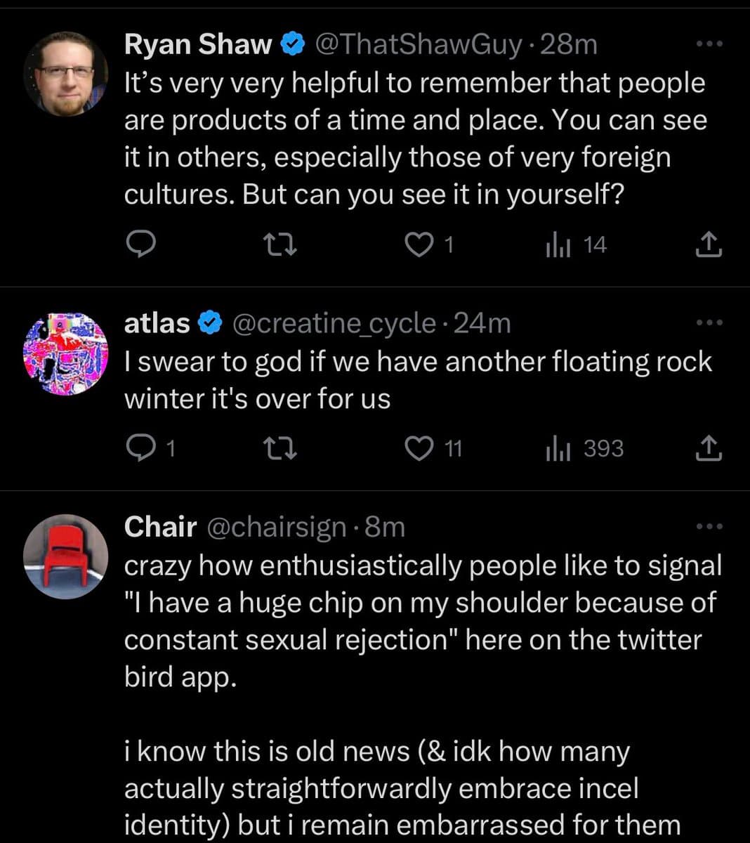 A screenshot of a Twitter conversation featuring three posts. The top post is by Ryan Shaw, the middle is a reply by atlas, and the bottom is a reply by Chair.