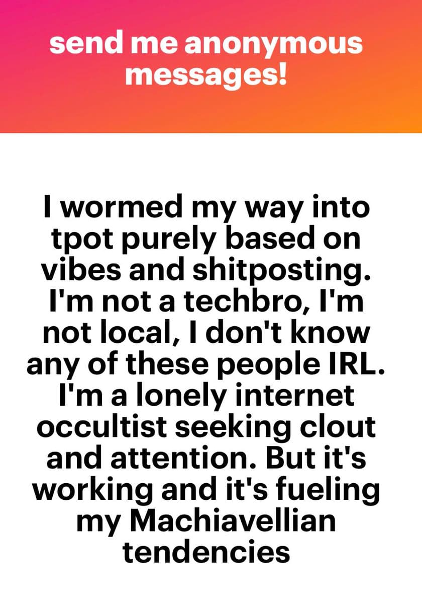 A text-based image with a pink-to-orange gradient header and a white body containing a block of black text. The image appears to be a social media post or graphic sharing a personal statement.