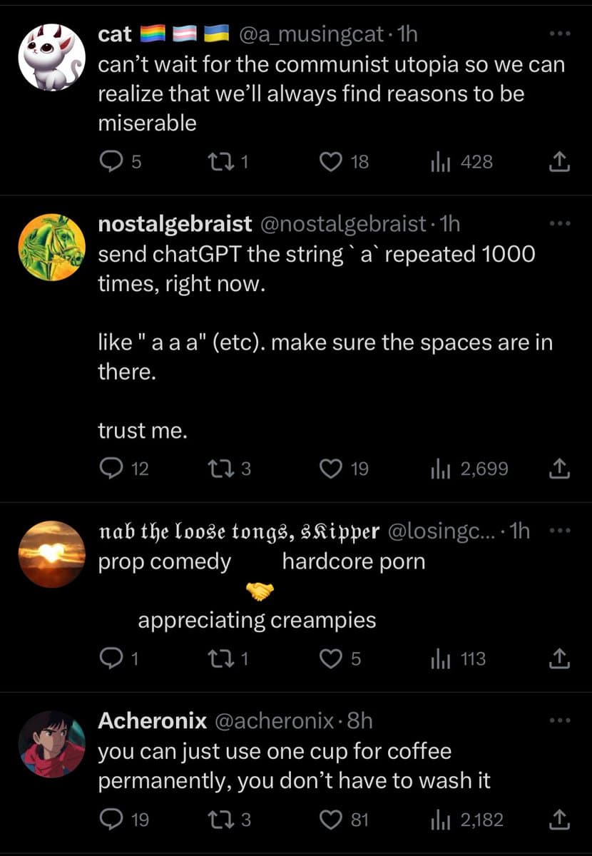 A screenshot of a Twitter thread showing four replies to a poll about favorite 'infohazards.' Each reply contains a short, humorous text post from a different user.