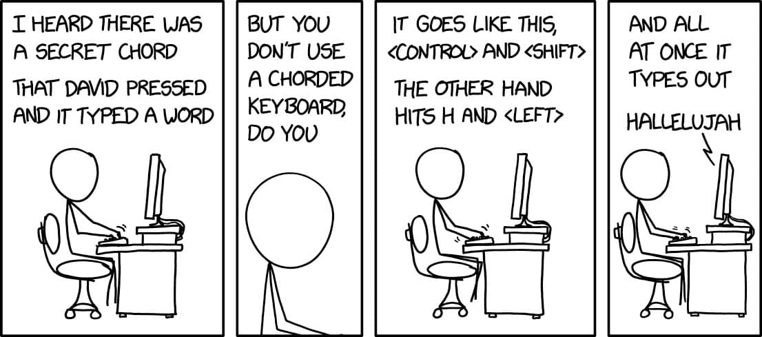 A four-panel xkcd comic strip featuring stick figures discussing a 'chorded keyboard.' The panels show a character at a computer and a close-up of a head, with text explaining how pressing specific keys types out the word 'HALLELUJAH.'