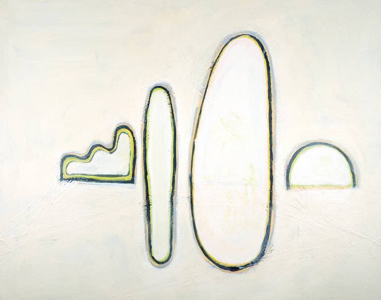 An abstract painting featuring four outlined shapes in yellow and blue against a textured white background. The shapes include a wavy form, two vertical ovals, and a semicircle.