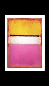 A reproduction of Mark Rothko's painting 'White Center,' featuring a large yellow rectangle at the top, a smaller white horizontal band in the middle, and a large pink rectangle at the bottom, all set against a reddish-orange background.