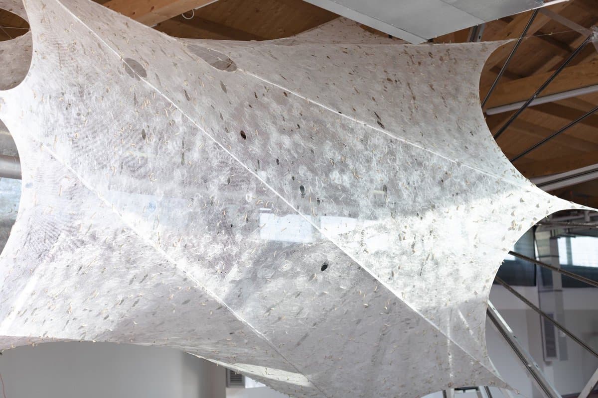 A large, white, web-like architectural structure suspended from a wooden ceiling, featuring a porous, organic texture with scattered dark spots and holes.