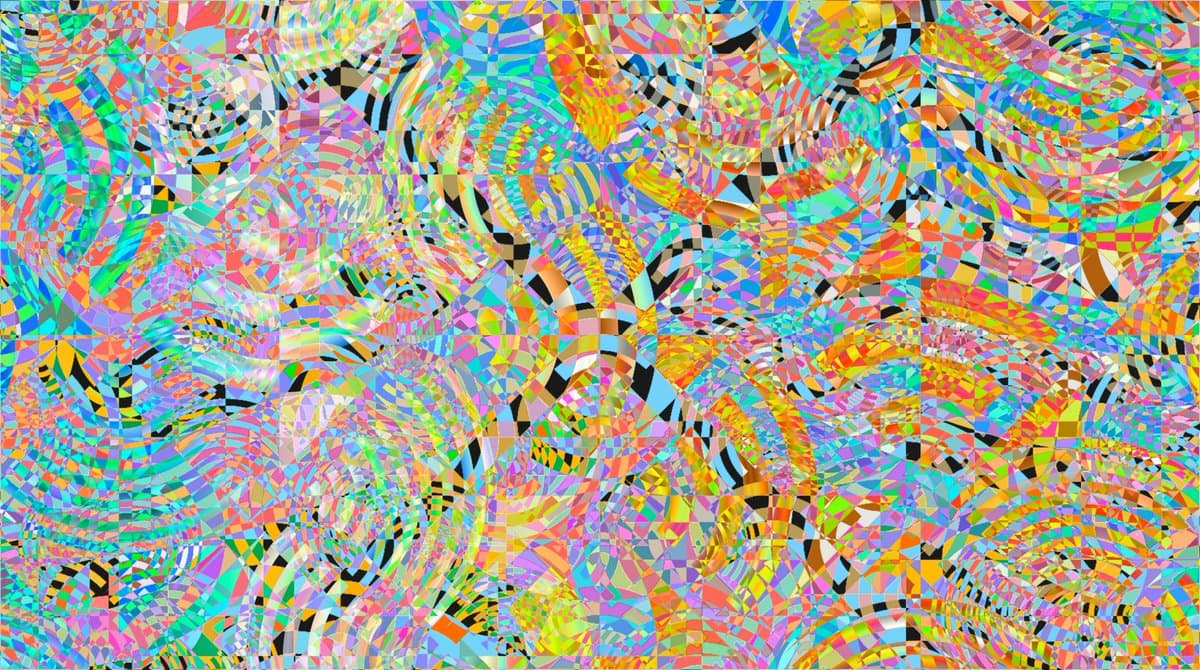 A vibrant, abstract digital artwork featuring a dense, kaleidoscopic pattern of multicolored geometric shapes and wavy, distorted lines. The image has a psychedelic, mosaic-like texture with no legible text or identifiable figures.