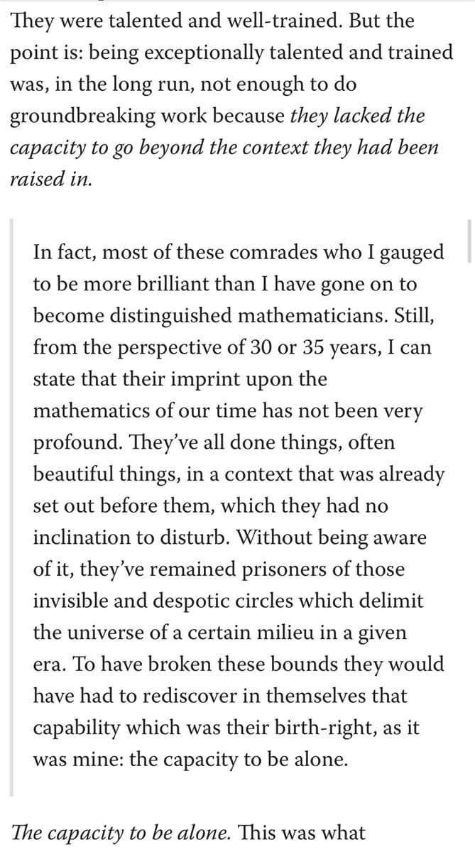 A screenshot of a text excerpt from a book or article, featuring a serif font on a white background. The text discusses the limitations of being talented and trained within a specific context, emphasizing the importance of the 'capacity to be alone' to transcend those limits.