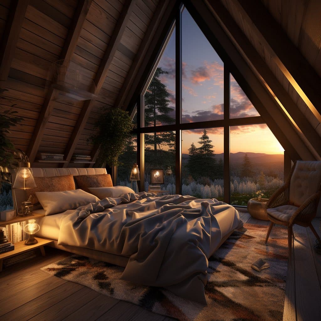 A cozy, rustic bedroom with wooden walls and a sloped ceiling, featuring a large bed with rumpled white linens and a large window showing a sunset over a forest landscape. The room is warmly lit by bedside lamps and has a patterned rug on the floor.
