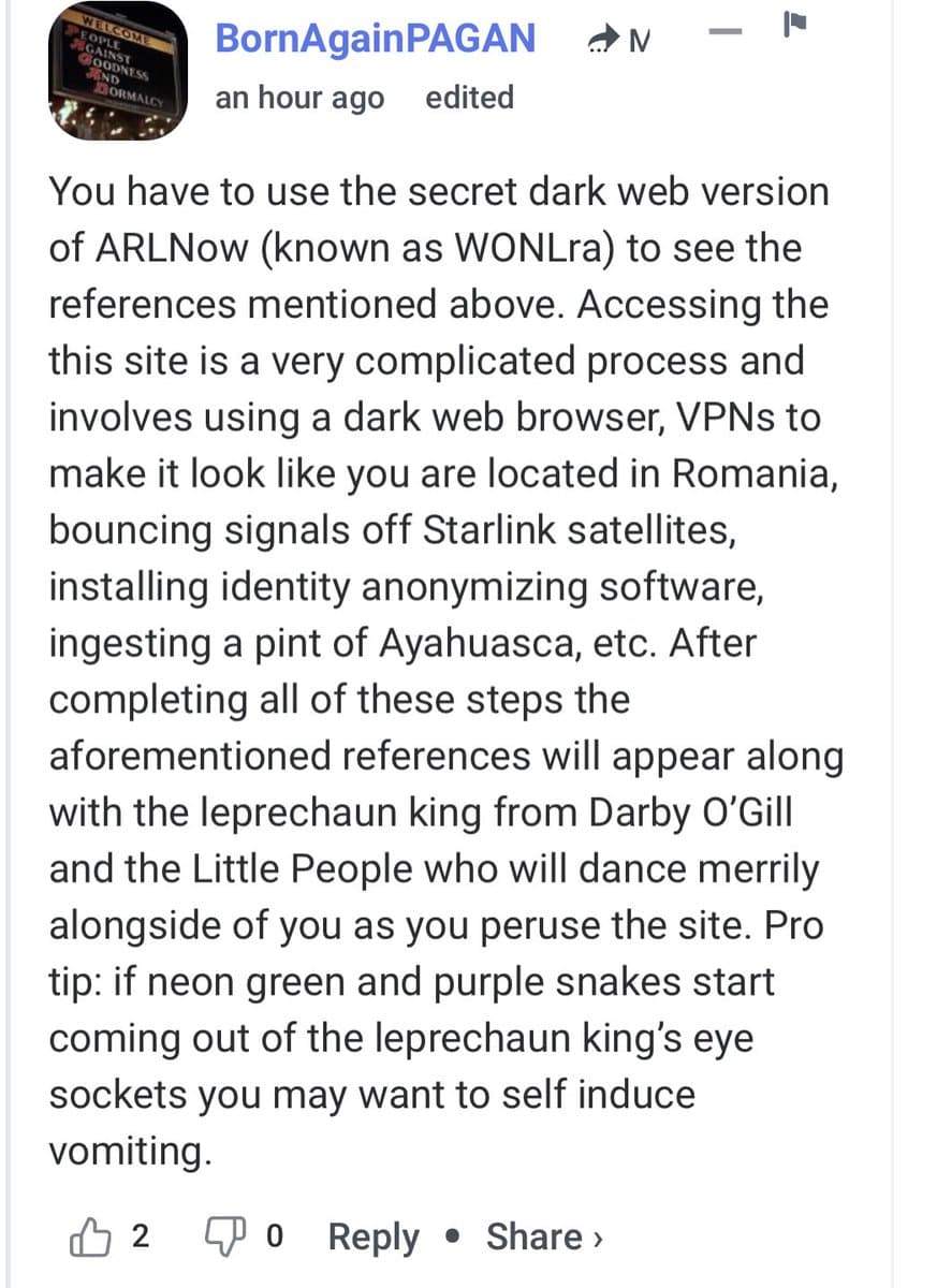 A screenshot of a social media post by user BornAgainPAGAN containing a long, satirical text about accessing a fictional dark web site. The post humorously lists absurd steps like using Starlink and Ayahuasca to view content, ending with a warning about neon snakes.