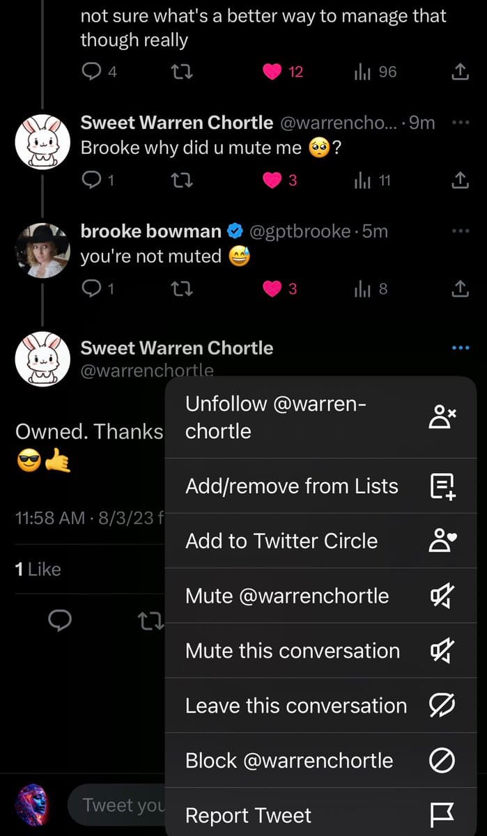 A screenshot of a Twitter conversation between users @warrenchortle and @gptbrooke, with a context menu open over the last tweet. The menu displays options such as 'Unfollow', 'Mute', 'Block', and 'Report Tweet'.