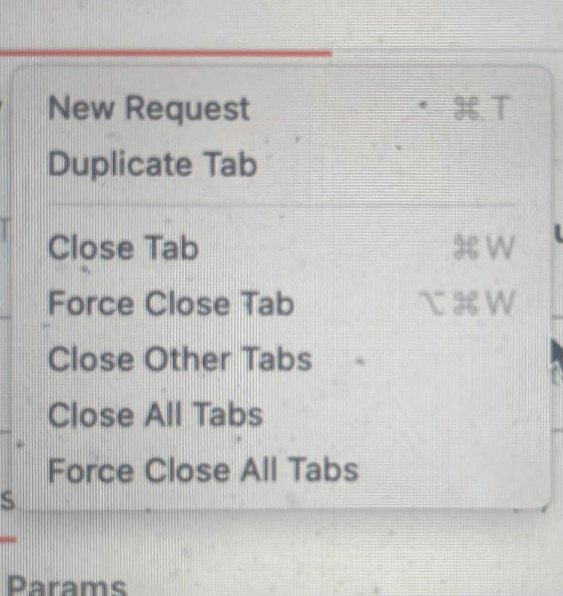 A close-up screenshot of a software application's context menu, showing various tab management options. The menu lists commands such as creating, duplicating, and closing tabs, along with their corresponding keyboard shortcuts.
