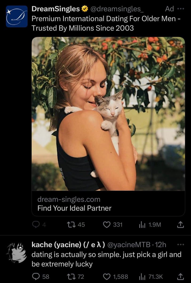 A screenshot of a Twitter thread featuring an advertisement for a dating service and a user's reply. The ad shows a woman holding a cat, while the reply below it contains a sarcastic comment about dating.