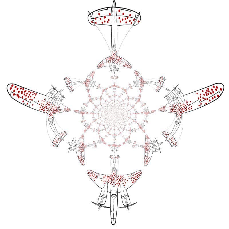 A digital illustration of a symmetrical, kaleidoscopic pattern formed by repeating images of a propeller airplane. The planes are arranged in a radial, four-pointed star formation, with red dots scattered across their wings and fuselages, creating a mandala-like effect on a white background.