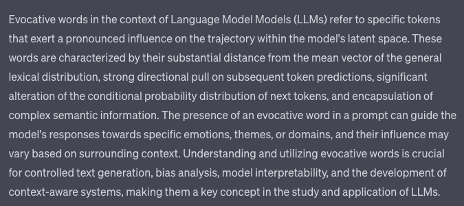 A screenshot of a text block on a dark background explaining the concept of evocative words in the context of Large Language Models (LLMs).