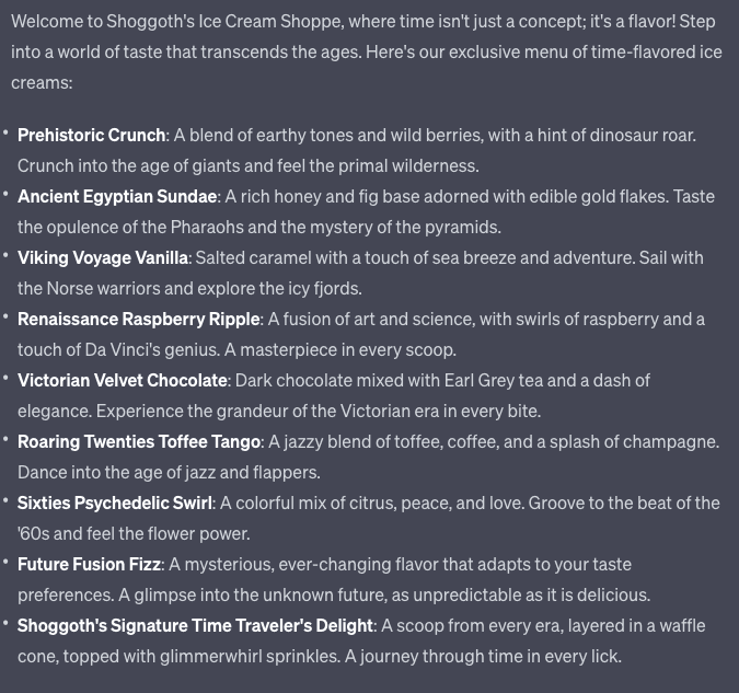 A text-based image displaying a fictional menu for 'Shoggoth's Ice Cream Shoppe,' listing various time-themed ice cream flavors with descriptive text.
